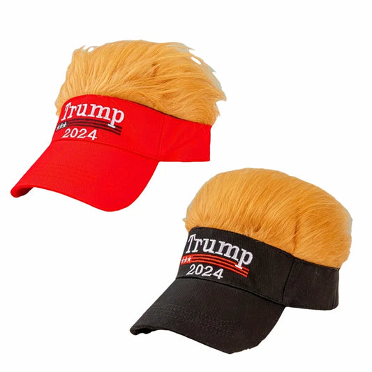 Trump 2024 Hat with Hair | Adjustable MAGA Hat for Men & Women | Fun & Functional Sun Protection