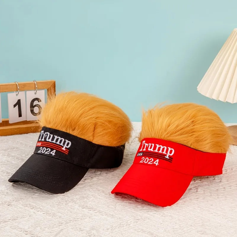 Trump 2024 Hat with Hair | Adjustable MAGA Hat for Men & Women | Fun & Functional Sun Protection