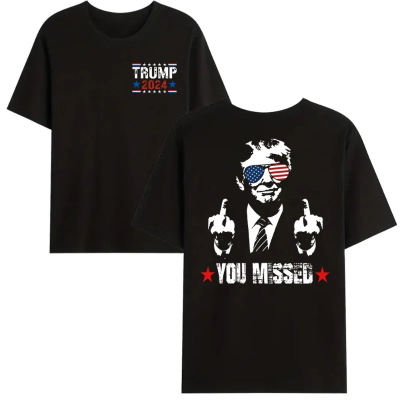 Trump You Missed 2024 US American Flag T-Shirt - Unisex, Double-Sided Design