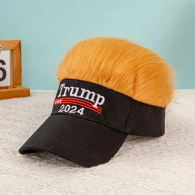 Trump 2024 Hat with Hair | Adjustable MAGA Hat for Men & Women | Fun & Functional Sun Protection