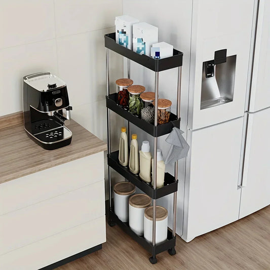Slim Rolling Bathroom Storage Rack – Space-Saving & Multi-Purpose Organizer Bathroom Storage Rack With Wheels 3/4 Layer Rolling Utility Cart Bathroom Storage Organizer Multi-purpose Corner Shelf
